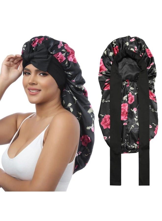 Long Satin Bonnet for Women - Double Layer Elastic Silk Bonnet for Braids Hair Sleeping Cap with Tie Band (Flower C)