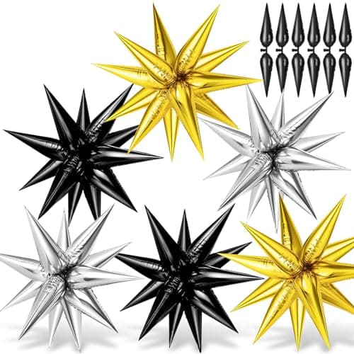 72PCS Gold Silver Black Star Balloons Big 26 Inch Star Foil Metallic Mylar Balloons Spike Balloon Fireworks for Graduation New Year Retirement Party Birthday Photo Props
