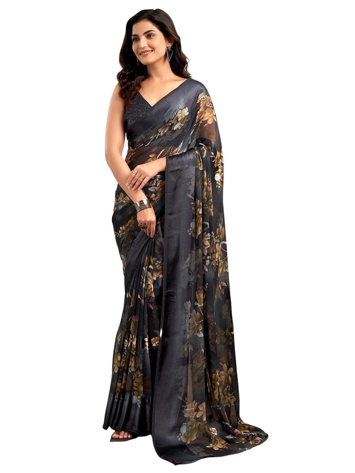 Satrani Women's Georgette Floral Printed Satin Stripe Saree with Unstitched Blouse Piece (3881S122N_Dark Grey)