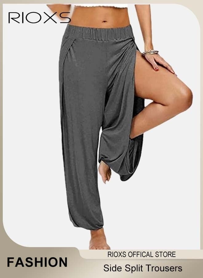 Cropped Pants Harem Bouffant Soft Loose Yoga Pilates Pants Side Split Trousers, High Waist Harem Pants For Women Yoga, Stretchy Wide Leg Trousers Gym To Street, Side Split Lounge Pants With Elastic Band