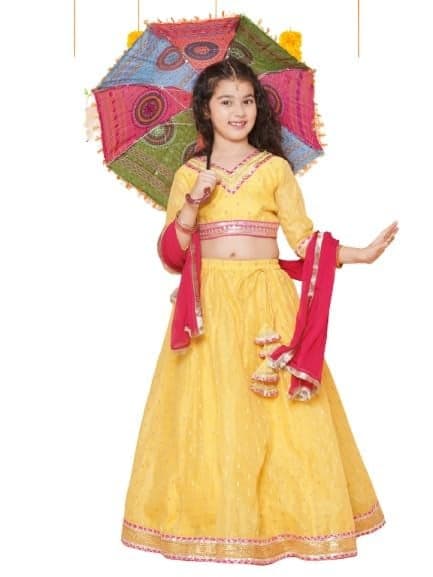 Bitiya by Bhama Girls Yellow Jacquard booti Lehenga Choli Ready to Wear with Pink Dupatta