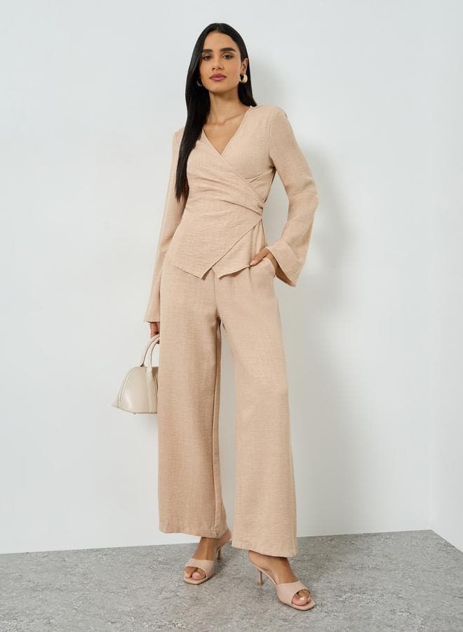 Beige Wrap Top and Wide Leg Pants Co-ords
