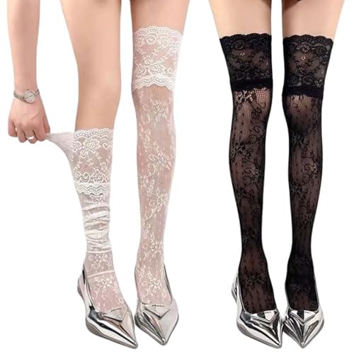 FFZDENA 2pairs Thigh High Socks, Funky Lace Patterned Tights Thigh Socks, Solid Color Thigh High Lace Stockings, Women Over The Knee Stockings, Girls Long Leg Boot Sock