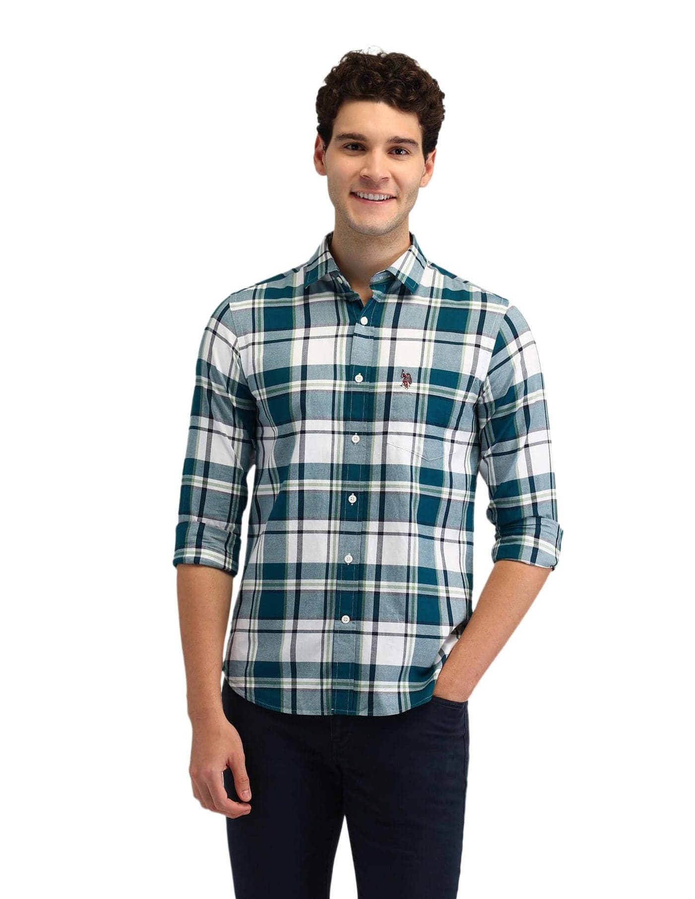 U.S. POLO ASSN. Men Cotton Checked Tailored Fit Shirt (USSHTFX0587_Teal, 39)