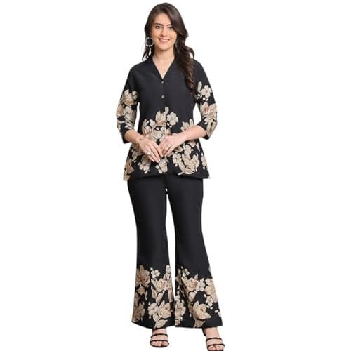 Claura Black Shirt Collar Printed Tunic with Trousers (in, Alpha, M, Black)