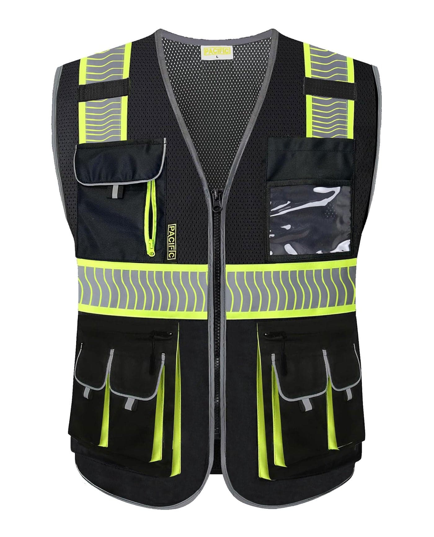 PACIFIC PPE 10 Pockets Class 1 Safety Vest for Men, 3M High Visibility Reflective Strips, Meets ANSI/ISEA Standard, Black, Large