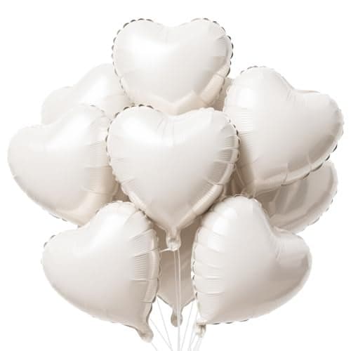 12 Pcs Cream White Heart Balloons 18 Inch Foil Balloons Heart Shaped Balloon White Birthday Decorations Love Balloon for Birthday Party Wedding Baby Shower Valentines Day Decorations