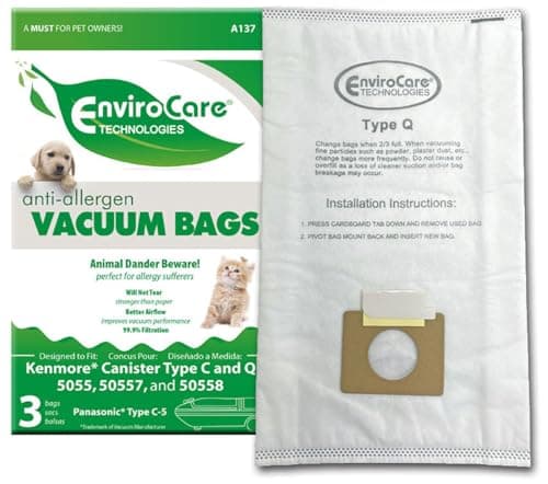 EnviroCare Replacement Allergen Filtration Vacuum Cleaner Dust Bags Designed to fit Kenmore Canister Type C/Q, 50555, 50558, 50557 and Panasonic Type C-5 3 pack