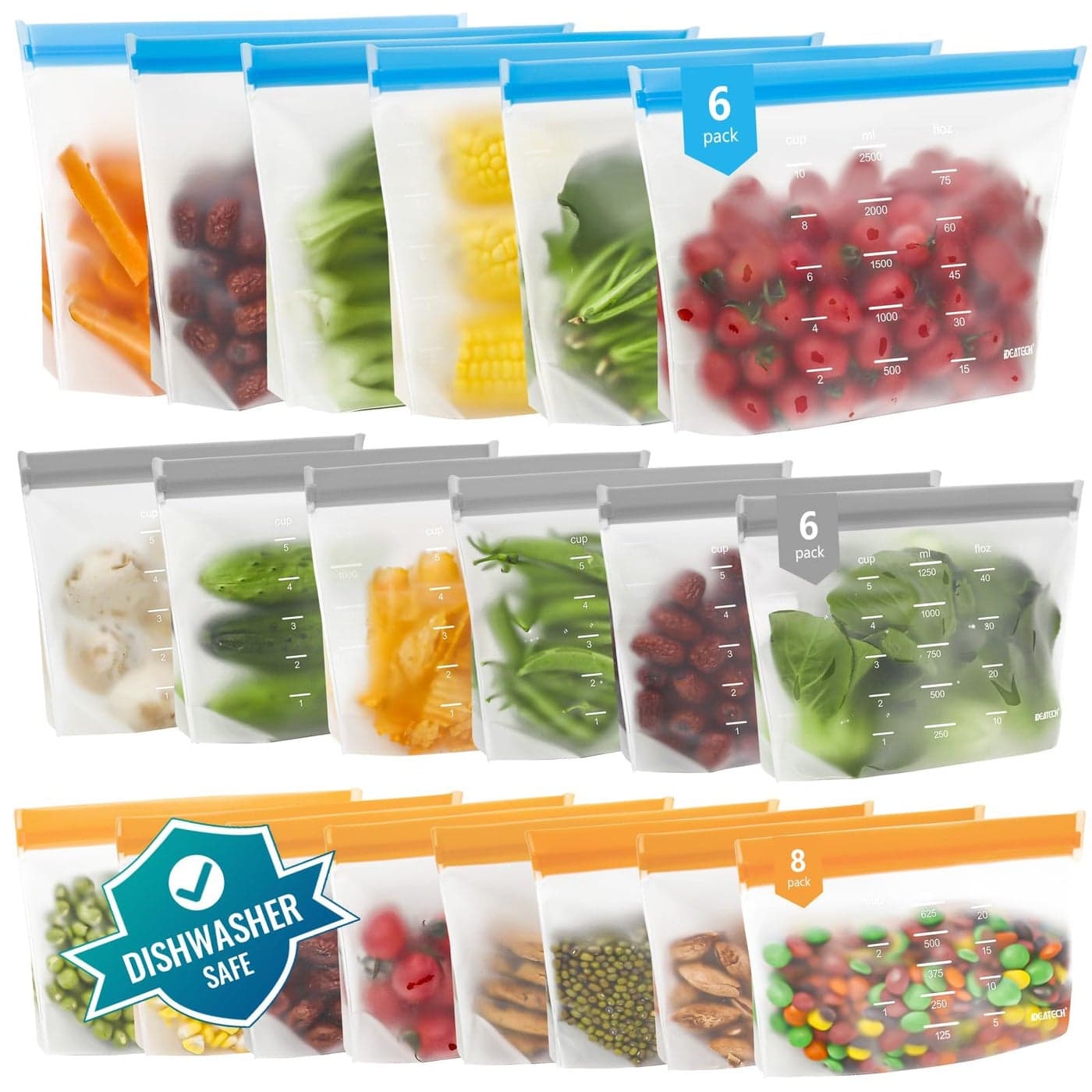Dishwasher Safe Reusable Storage Bags Stand Up - BPA Free Reusable Sandwich Bags - Leakproof Gallon Freezer Bags, Silicone Food Storage Bags - Multicolor 6 Gallon + 6 Sandwich + 8 Snack Bags