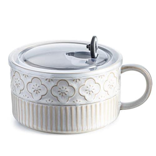 Gomakren Extra Large Soup Bowl with Handle, 39 Ounces Microwave Ramen Bowl, Ceramic Bowl with Lid, 6 Inch Soup Mug Cup for Cereal, Ramen, Instant Noodle, Beige White