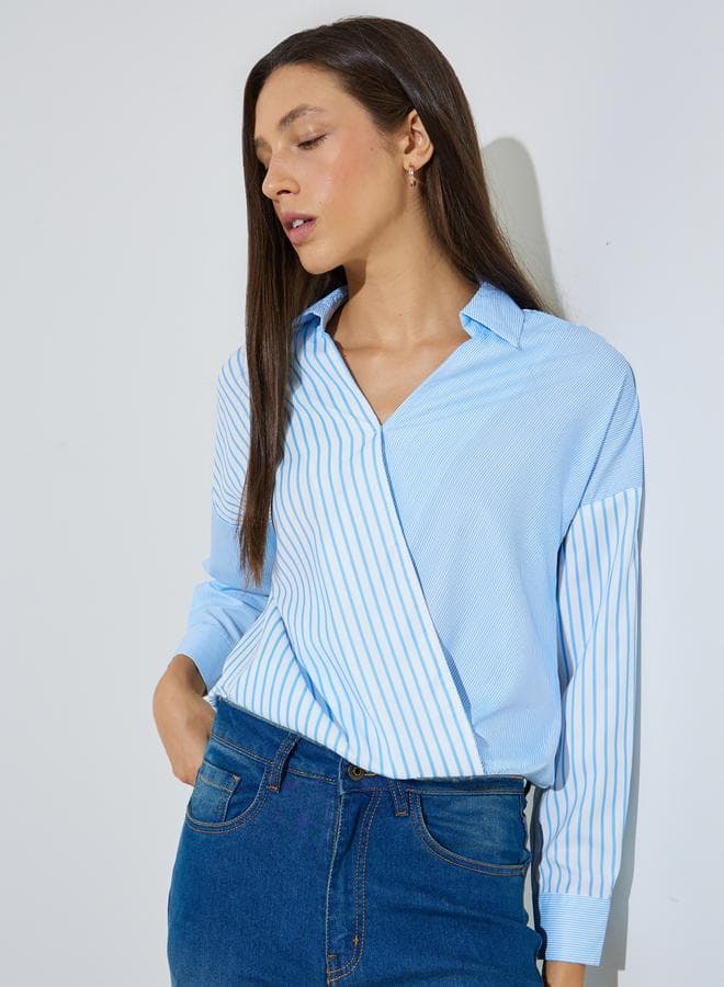 Light Blue Striped Wrap Front Shirt