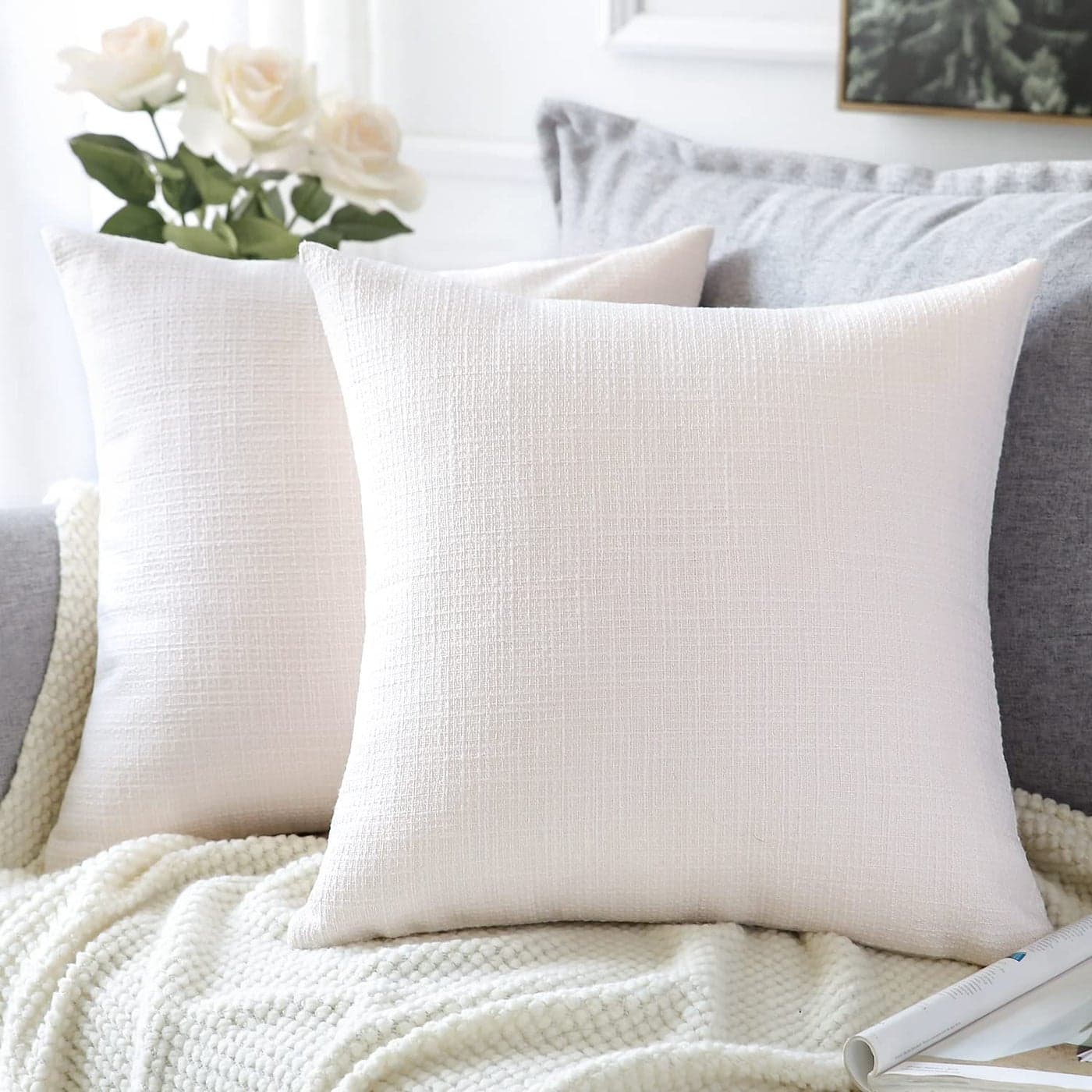 Artscope Cushion Covers Set of 2 Linen Decorative Square Pillowcases Pillow Covers 45x45cm for Home Decor Sofa Bedroom Car Cream White 18x18