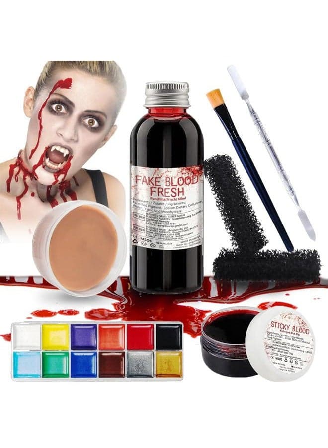 Professional Halloween SFX Special Effects Makeup Kits, Fake Blood, Scab Coagulated Blood Gel, 12 Colors Face Body Paint, Wound Modeling Scar Wax With Spatula Tool, Brushes, Stipple Sponge, Adhesive