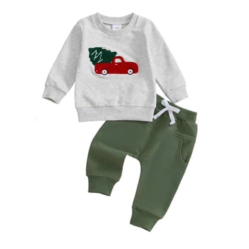 BemeyourBBs Toddler Baby Boy Christmas Outfit Cute Print Long Sleeve Sweatshirt and Pants Set 2 Piece Sweatsuit Winter Clothes (Car and Christmas Tree Grey, 12-18 Months)