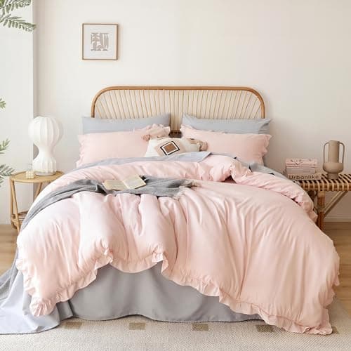 JANZAA Bedding Set, Blush Ruffle 3PCS (1 Comforter Set and 2 Pillow Covers) All Season, Shabby Chic, Vintage, Polyester, King, Soft