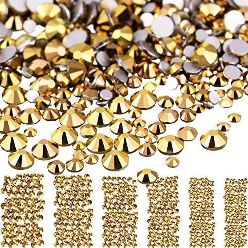 Bememo 3456 Pcs Crystals Diamond Rhinestones AB Clear Flat Back Round Gems Flatback Glass Mixed Size Crystals Gems for Crafts Clothes Shoes Makeup Bags Decor, 6 Sizes(Mine Gold)