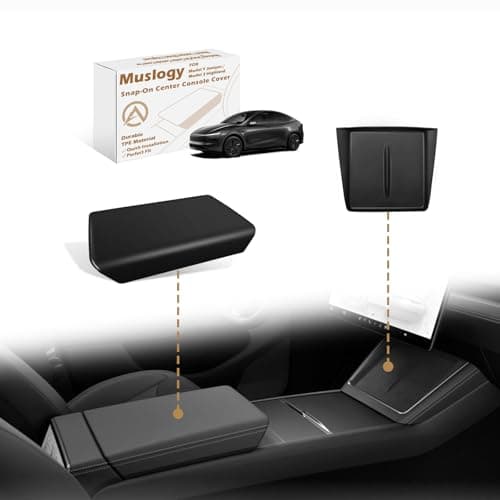 Muslogy Center Console Armrest Cover Fit for Tesla Model Y Juniper Refresh 2026 Accessories Comfort Armrest Pad Console Lid Cushion TPE Black wSilicone Mat 2PCS Set