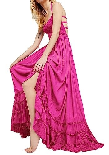 R.Vivimos Womens Summer Boho Sexy Backless Long Dresses (Medium, HotPink#1)