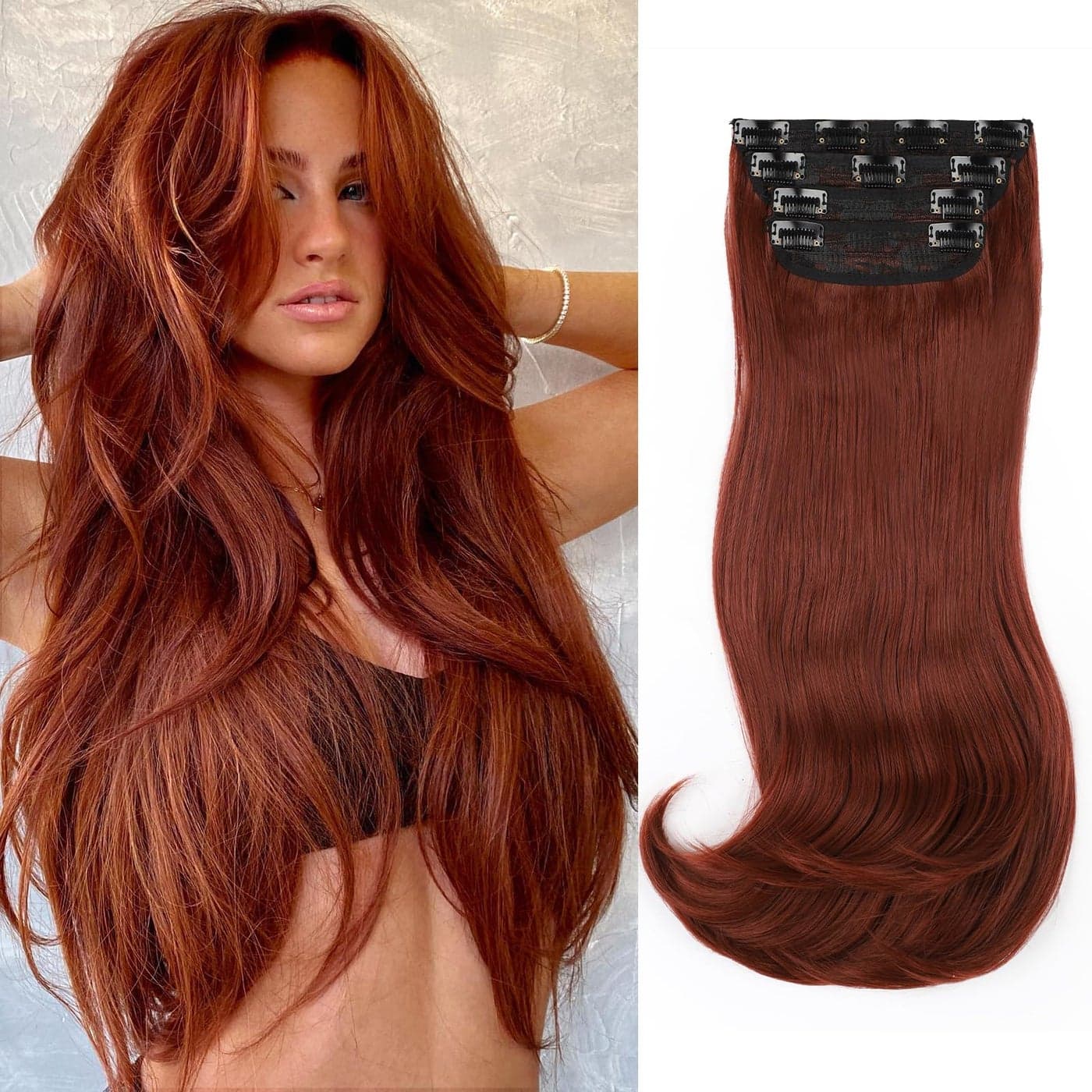FREEMEIGE Copper Red Clip in Hair Extensions for Women Straight Layered Hair Extensions Synthetic Clip in Extensions Long Wavy Extension Daily Use 20 Inch