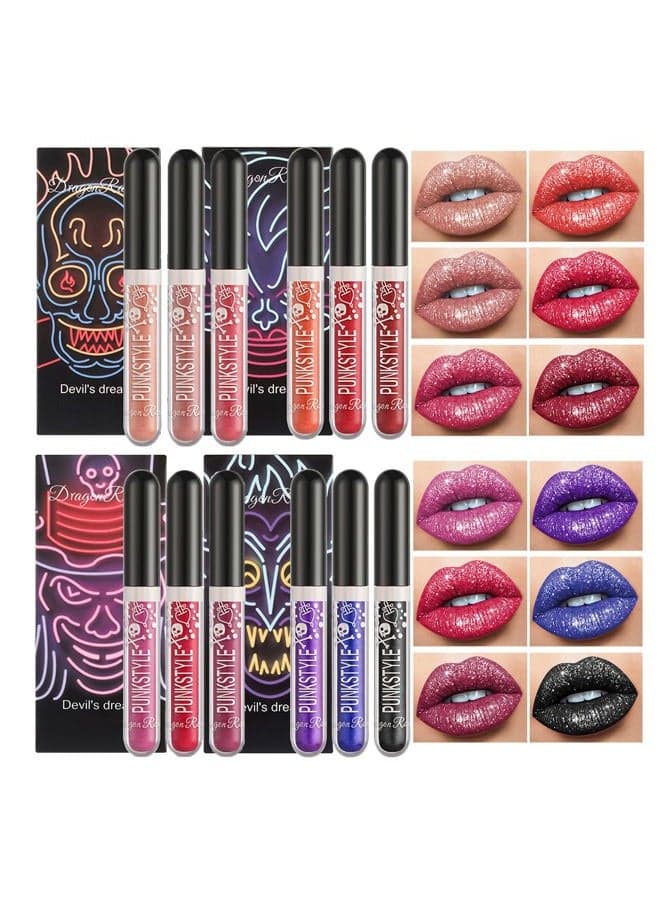 12 Pcs Matte Liquid Lipstick Set Lip Makeup, Glitter Diamond Shining Lip gloss 24 Hour Long Lasting Waterproof Halloween Makeup Lipsticks Gift Set for Women
