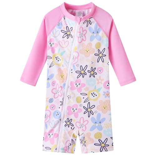 UMELOK Baby Girls' One Piece Swimsuit Infant Swimwear Rash Guard Swim Suit Full Zip with Long Sleeve UPF 50+ Sun Protection Swimsuit Pink,Colorful Flowers,6M