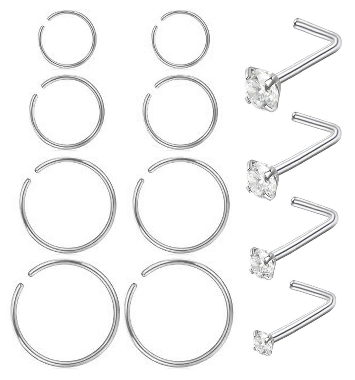 Masedy Nose Rings 12Pcs 20G 316L Stainless Steel L Shaped Nose Studs Cartilage Tragus Septum Piercing Silver