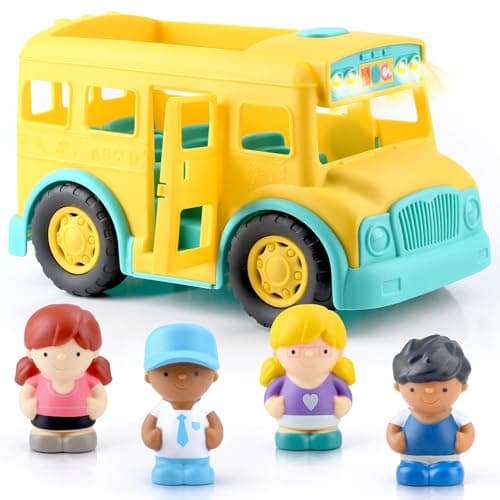 PLAY Yellow School Bus Toy for Toddlers with Figures and Driver LightsMusic and OneTap Music Off Interactive Role Learning Toy Baby Gift for Boys and Girls First Day of School Gift