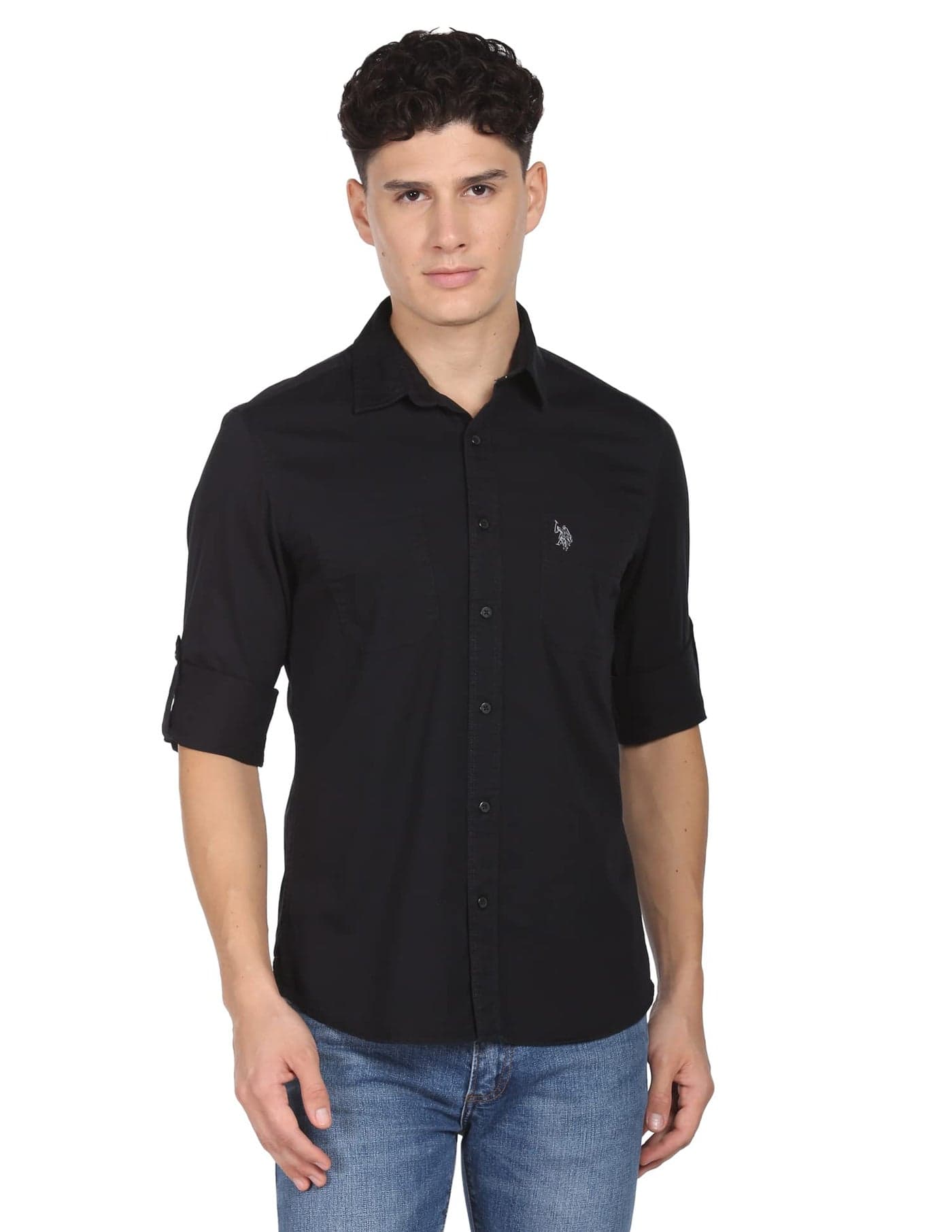 U.S. POLO ASSN. Regular Fit Cotton Shirt for Men | Spread Collar, Long Sleeves with Two Chest Patch Pockets Shirts for Men - XXL, Black
