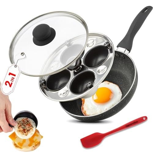 Eggssentials 2 IN 1 Egg Pan & Egg Poacher Pan, Granite Nonstick Fry Pan Poached Egg Maker and Frying Skillet with Lid, Poached Eggs Cooker Food Grade Safe PFOA Free with Spatula, Egg Cookware - 4 Cups