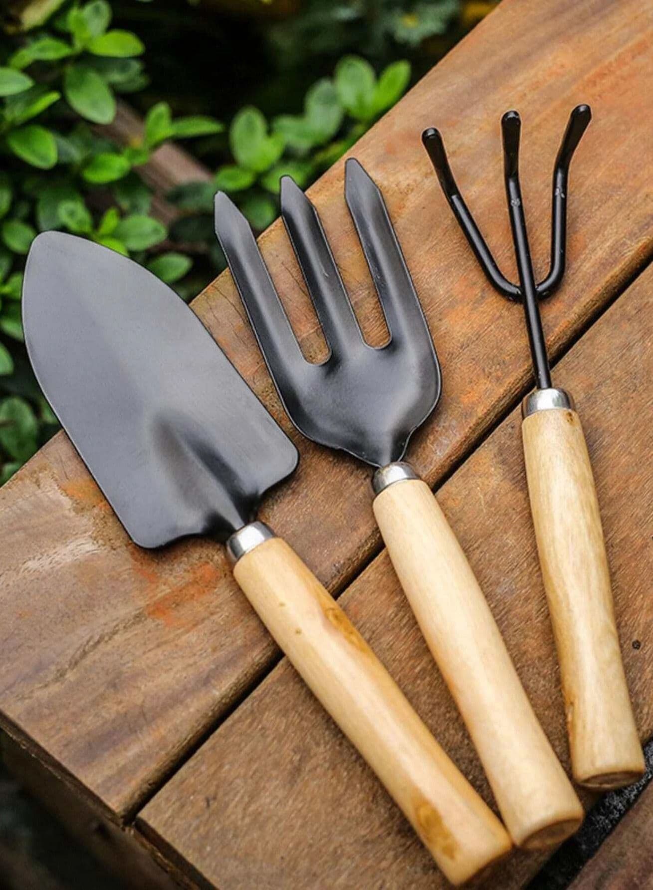 3 Pcs Mini Garden Tool Set Gardening Shovel, Gardening Tools kit Hand Cultivator, Small Trowel, Garden Fork, Spade, Rake with Wooden Handles