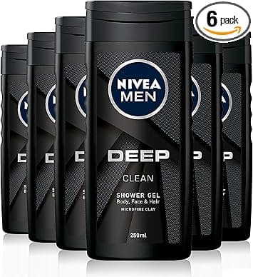 NIVEA MEN Deep Shower Gel Pack of 6 6 x 250ml Face Hair Body Wash Black Charcoal Shower Gel 24H Deeply Cleansing and Invigorating Mens Shower Gel