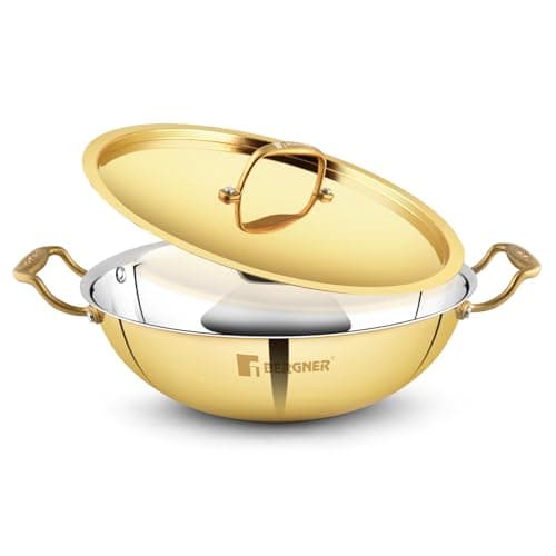 BERGNER Peetlam 24cm (2.5L) Kadai with Lid, Brass Kadai with Tin (Kalai) Coated, Healthy Cooking, Traditional Kadhai with Ergonomic PVD Gold Handle, Comfortable Grip, Durable - Gas Stove Compatible