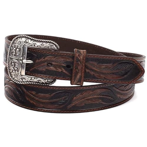 ARIAT Men's Embossed Leaf Leather Belt with Etched Silver Buckle, Brown, 34