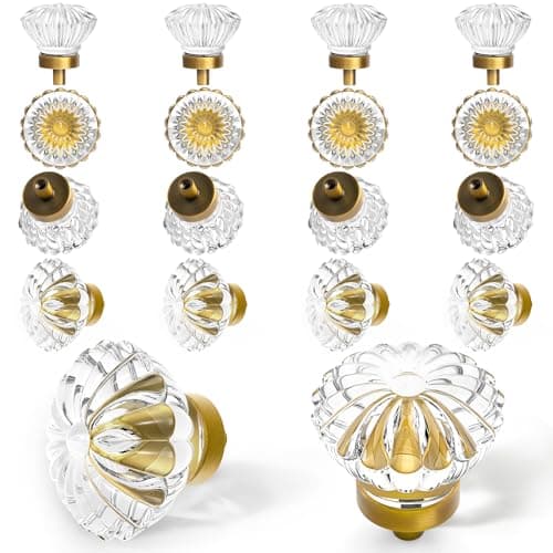 Antique Brass Crystal Cabinet Knobs Cabinets Knob 16 Pack Flower Vintage Glass Clear Crystal Small Pull for Closet Dresser Drawers Cupboard Wardrobe Retro Pulls Old Fashioned Drawer Gorgeous Handle