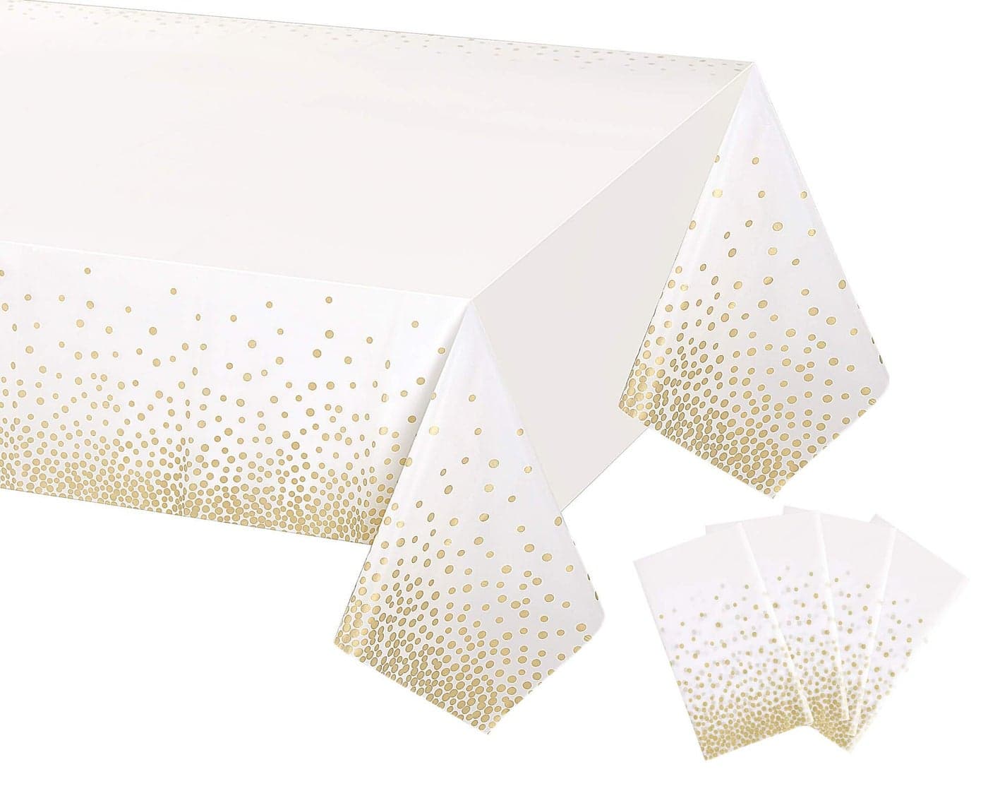 Gexolenu 4 Pack White Gold Dot Plastic Tablecloth for Rectangle Tables54 x 108 Disposable Table Cloth for Birthday Wedding Baptism Decorations Engagement Party Decorations