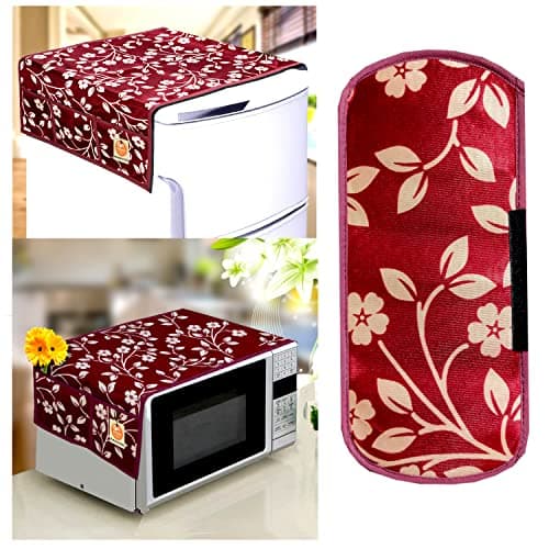 KANUSHI Industries® Fridge Covers/Refrigerator Cover + 1 Pc Handle Cover + 1 Pc Microwave/Oven Cover For Top (Color- Maroon)(COPY-FRI+MICRO-MAROON-RAJ+1 HANDLE)