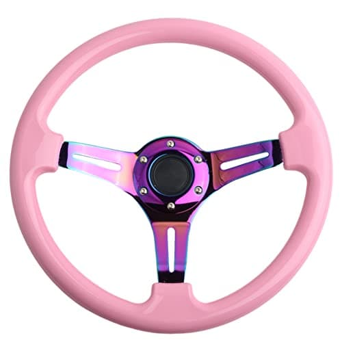 Classic Pink Racing Steering Wheel Neo Chrome Spoke 350mm 14" Deep Dish ABS Hard Wood Steering Wheel with Horn Button