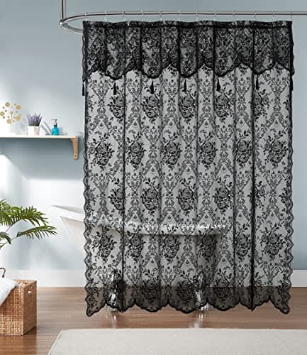Warm Home Designs Black Lace Shower Curtain 72 x 72 Inches with Attached Valance & 7 Tassels. Luxury Farmhouse Shower Curtains for The Bathroom or Boho Shower Curtains for Bathroom. LA Black 72"