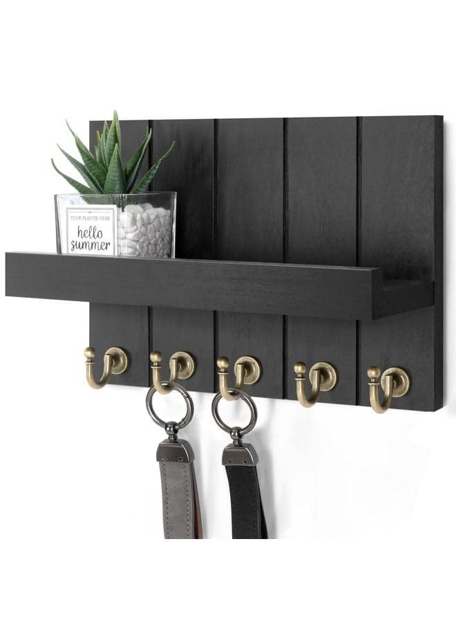Farmhouse Key Holder for Wall - Modern Key Racks for Wall Decor Living Room and Mail Organizer with Shelf for Apartment Essentials - Home Decor Aesthetic (Black, 3.54"D x 10"W x 7.28"H)
