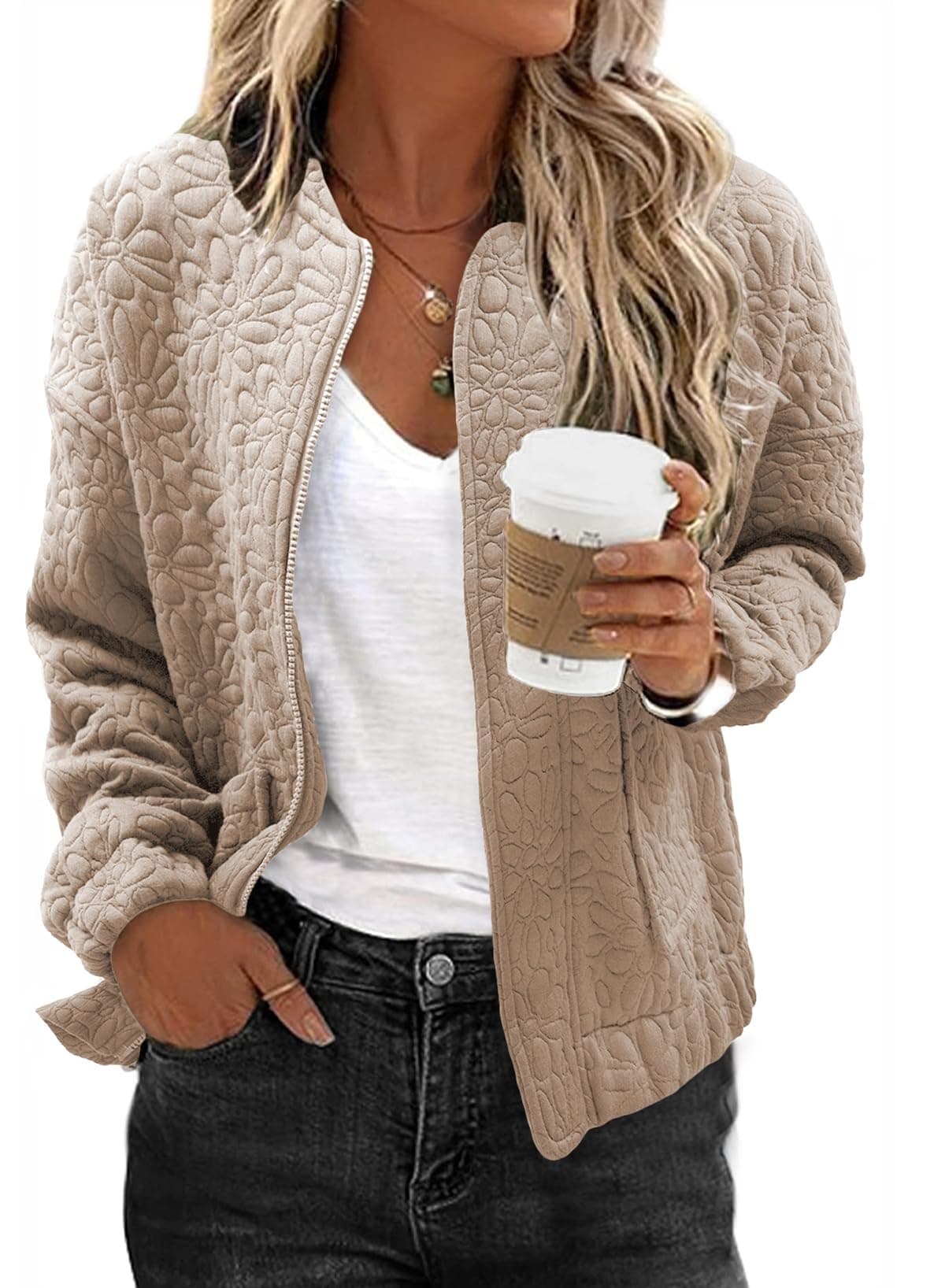 EVALESS Spring Outfits for Women Business Casual Cute Floral Print Quilted Jackets Long Sleeve Oversized Tops Fall Coat Work Clothes for Women Fashion 2025 Crop Beige Bomber Jackets, X-Large