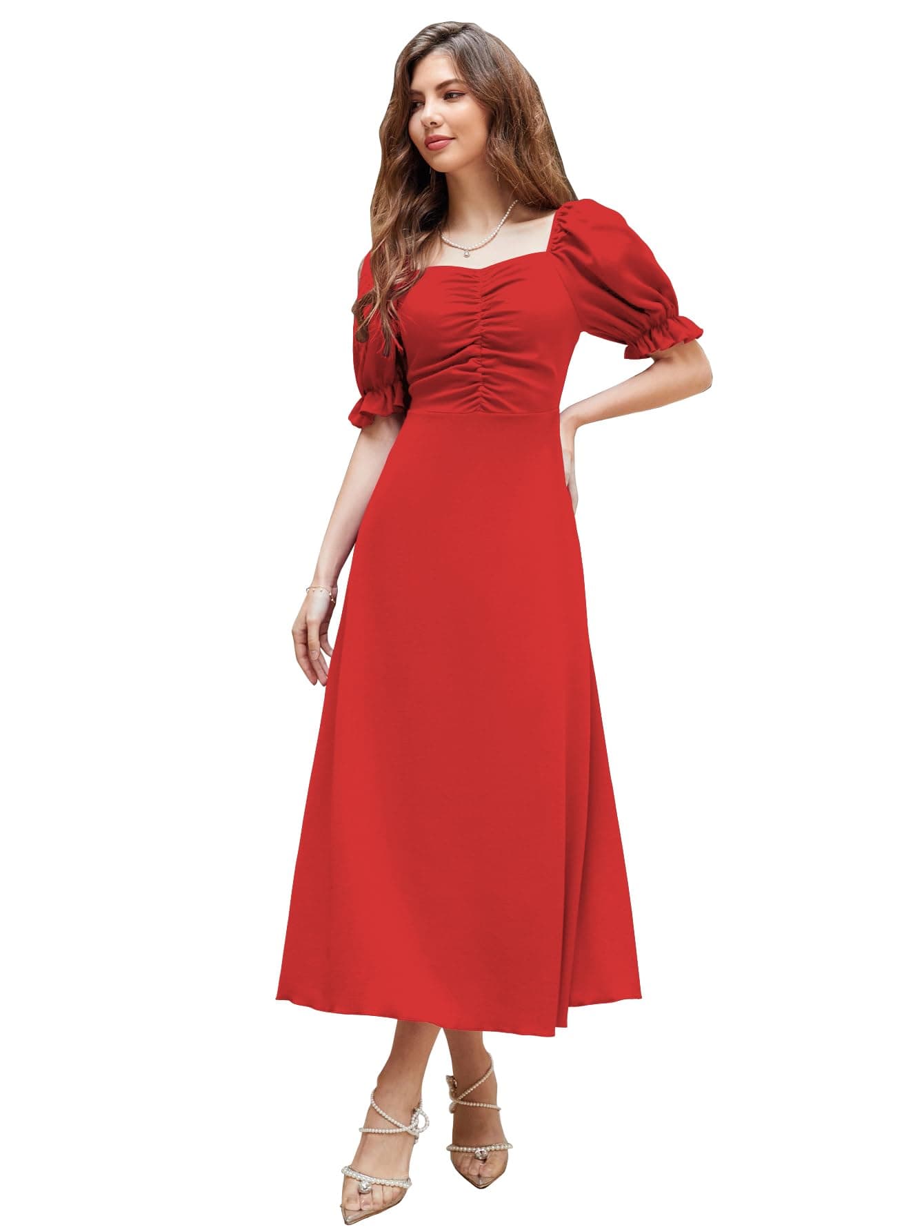 Shasmi Girl's & Women's Solid Red A-Line Ruched Puff Sleeve Maxi Long Evening One Piece Long Dress for Women Stylish (Dress 131 Red-M)
