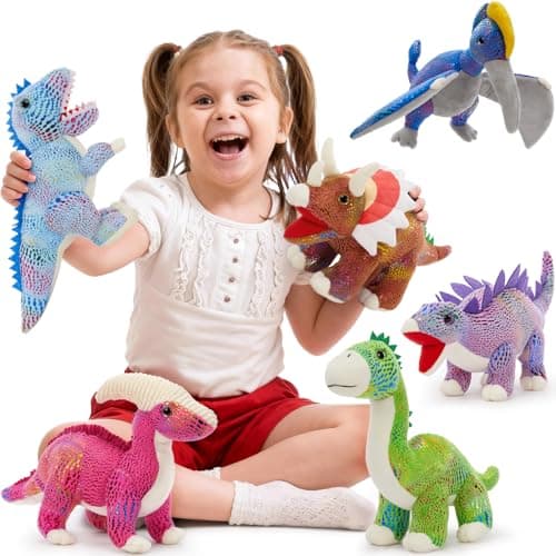 MaoGoLan 6Pcs Stuffed Animals Bulk Dinosaur Plushies with Sequin 12 Stuffed Dinosaur TRex Blue Velociraptor Toys Collectible Dino Squad for Kids Gifts Christmas Halloween Decorations