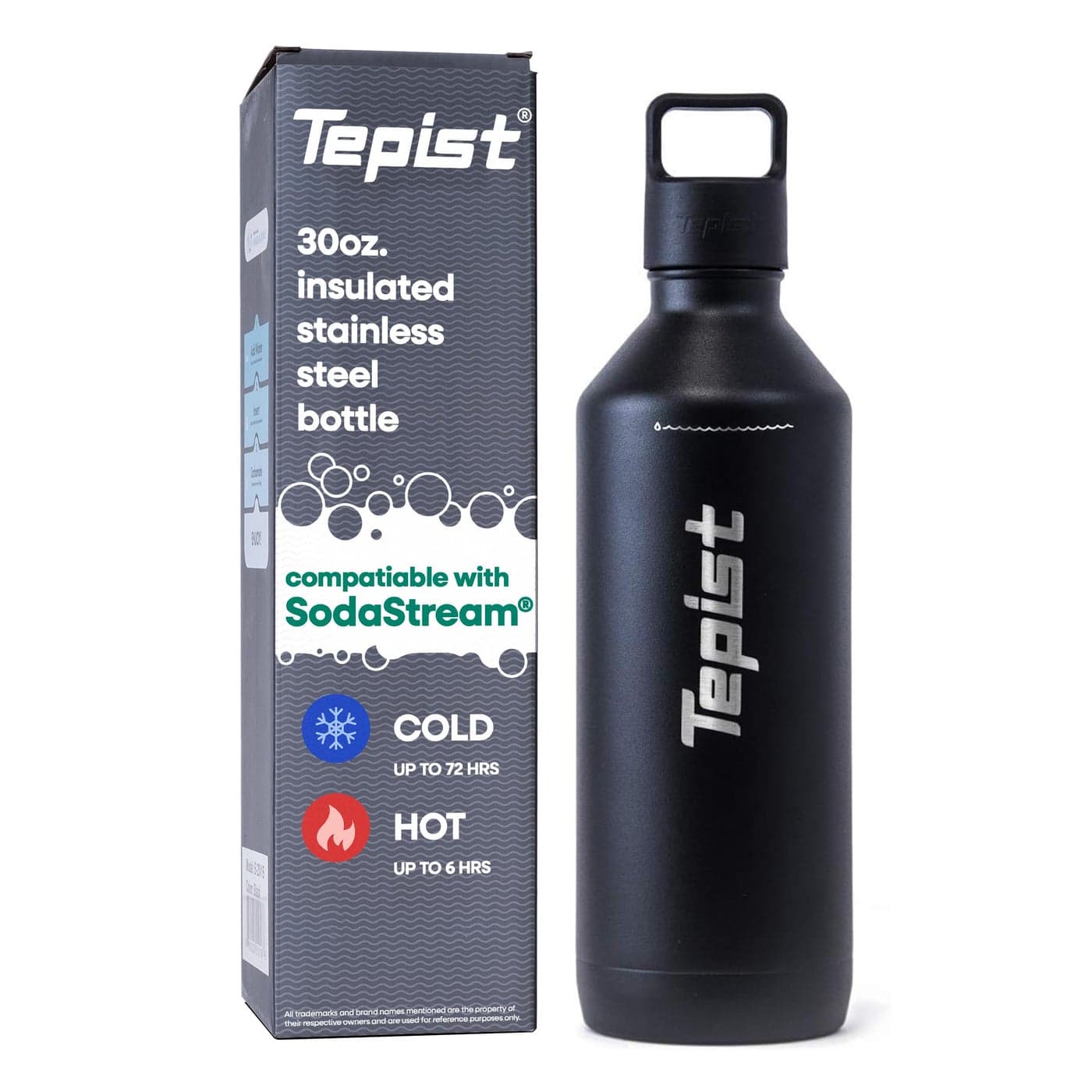 Tepist ThirtyO 30oz Stainless Steel Bottle Compatible with Sodastream Machines Powder Coated Black Vacuum Sealed Double Walled LeakProof Easy to Carry Reusable Bottle