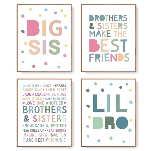 LARTSFRO Brother and Sister Make The Best Friends Wall Art Decor Posters, Baby Boys Gril Nursery Room Playroom Bedroom Bathroom Wall Art Decor, Inspirational Decor for Big Sister Little Brother Nursery Toddler Baby, Gifts for Kids 10x8 Inch Set of 4 Pcs (UNFRAMED)