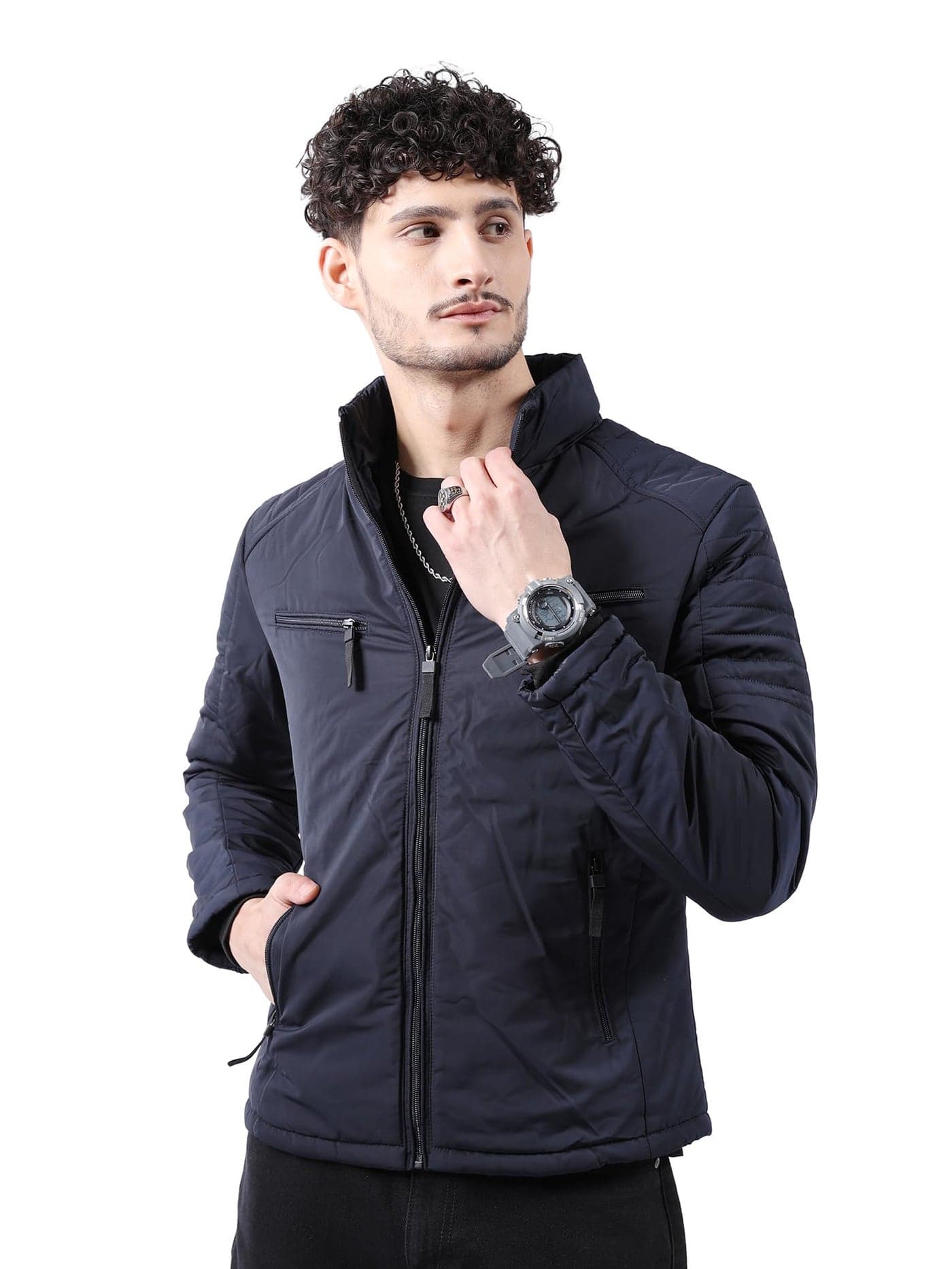 The Indian Garage Co Men's Standard Length Polyester Slim Fit Jacket (J-1051_Navy M)