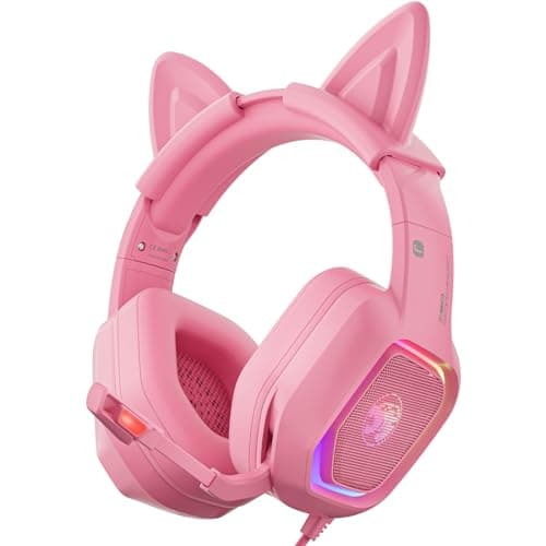ZIUMIER Gaming Headset with Detachable Cat Ears, Compatible with PS4 PS5 Xbox One PC Laptop, Over-Ear Headphones with LED Light, Noise Canceling Mic, Stereo Surround Sound (Pink)