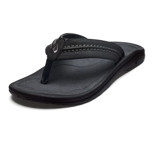 OLUKAI Hokua Men's Beach Sandals, Quick-Dry Flip-Flop Slides, Water Resistant & Wet Grip Rubber Soles, Compression Molded Footbed & Soft Comfort Fit, Black/Dk Shadow, 11
