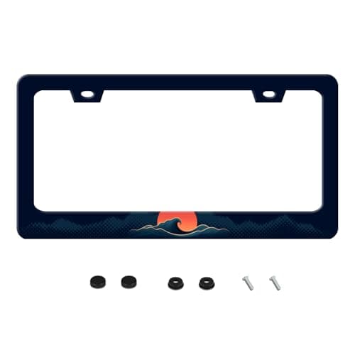 Sun Ocean Waves License Plate Frame Funny Sea Wave Art Stainless Steel License Plate Frames Auto Parts Decoration with Screws License Plate Holder for Men Women 12x6 Inch