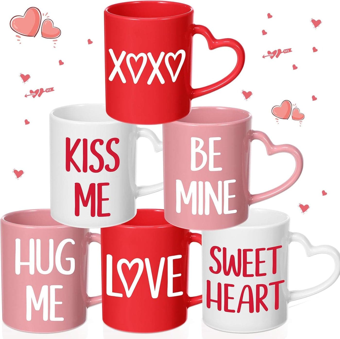 Pickmesh Valentines Coffee Mug Set of 6 10 oz Valentines Mugs with Handle Pink Red White Ceramic Enamel Cups for Gift Party Supplies