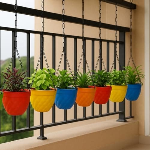 Go Hooked Multicolor Round Diamond Plastic Hanging Pots & Planters with Metal Hanging Chain for Home Garden Balcony (Multicolor) Pack of 7